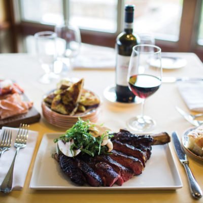 Wood-grilled Tuscan steak with arugula and Antinori wine